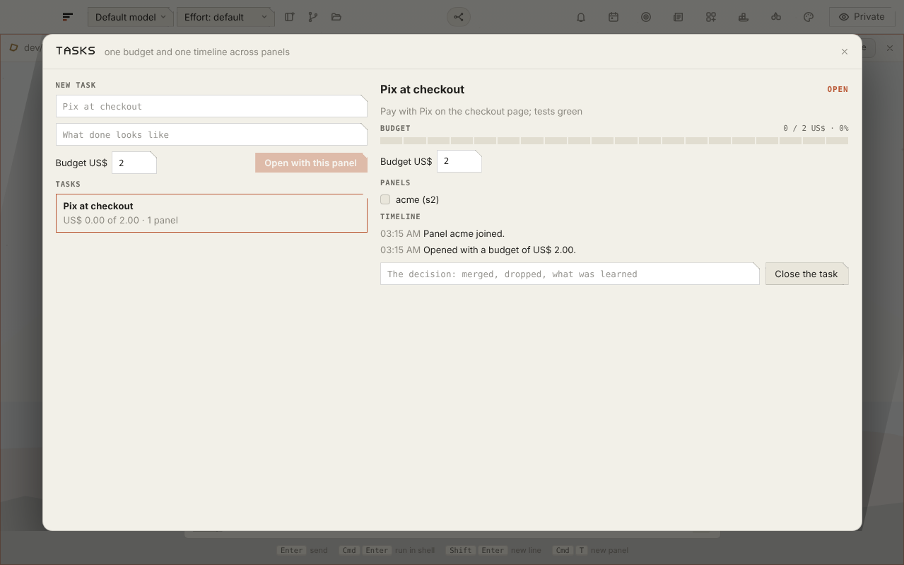 The Tasks sheet: a task called Pix at checkout with a US$ 2 budget, the acme panel linked to it and its timeline